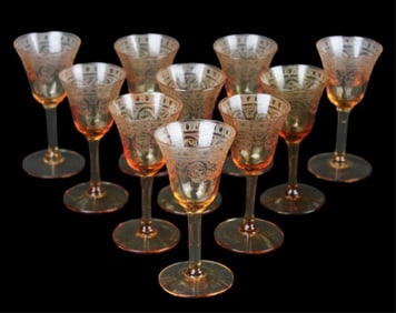 Antique Amber Etched Glass Stem Glassware