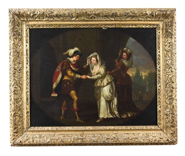 19C In the Style Jan Steen Oil Painting Courtship: Antique 19th Century In the Style of Jan Steen Oil Painting of Courtship Scene In Period Frame. Evidence of craquelure and minor paint loss. Framed measures 18 inches x 23 inches, measures 13 inches x