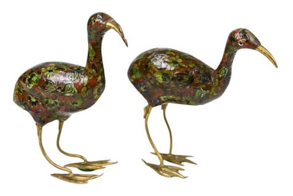 Pair Vintage Chinese Cloisonne and Brass Birds