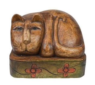 Vintage Hand Carved Teak Cat on Pillow Statue