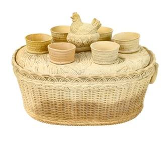 Antique English Caneware Pottery Tureen w Coddlers