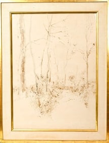 Signed Watercolor Painting of Winter Forest Trees
