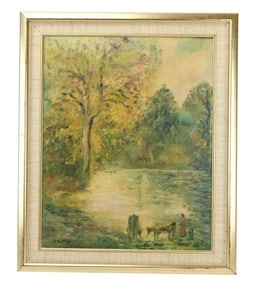 Antique Signed Oil Painting of Watering Cattle