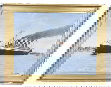 Battel Signed 1913 Oil Painting of French Steamer