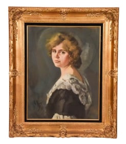 Signed Portrait Painting of Young Woman Dated 1922