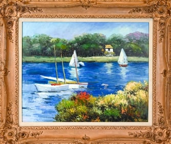 Toule Framed Oil Painting of Sail Boats on Lake