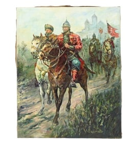 Wladyslaw Szerner Signed Oil Painting Battle Scene