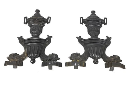 Pair Antique Neo Classical Cast Metal Chenet Faces