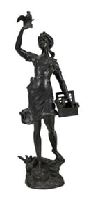 Emile Guillemin Signed Bronze Sculpture Girl Bird