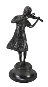 Spelter Statue of Girl Playing Violin on Pedestal