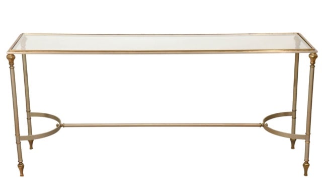 Maison Jansen Style Brass & Glass Top Console: Maison Jansen Style Brass & Glass Top Console Table. Some minor chip to the glass top corners. Sold as is.Measures 27 inches x 60 inches x 16 inches.