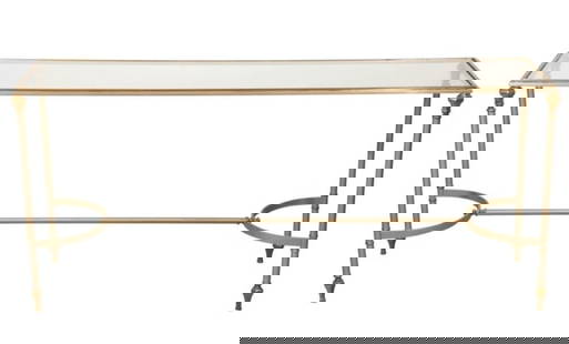Maison Jansen Style Brass & Glass Top Console: Maison Jansen Style Brass & Glass Top Console Table. Some minor chip to the glass top corners. Sold as is.Measures 27 inches x 60 inches x 16 inches.