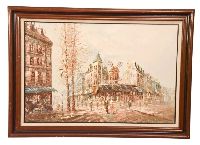 Caroline Burnett Signed Oil Painting Paris Street: Caroline Burnett, American 1877-1950, Signed Oil Painting on Canvas of Parisian Street Scene. Framed measures 31 inches x 43 inches, art measures 23 inches x 33 inches.