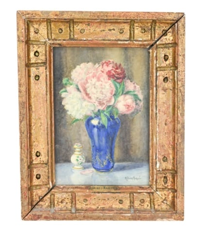 M. Duriez Mazuel Signed Watercolor Still Life: M. Duriez Mazuel, French 20th Century, Signed Watercolor Still Life Painting. Framed measures 10 inches x 8 inches, art measures 7 inches x 5 inches.