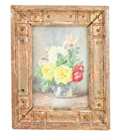 M. Duriez Mazuel Signed Watercolor Still Life: M. Duriez Mazuel, French 20th Century, Signed Watercolor Still Life Painting. Framed measures 10 inches x 8 inches, art measures 7 inches x 5 inches.