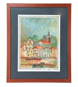 Jean Hubert Signed Watercolor French Harbor Scene