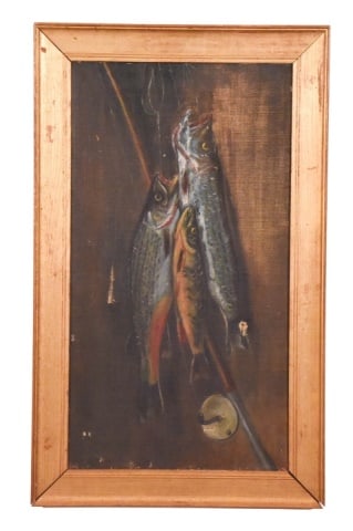 Antique Oil Painting of Hanging Trout, Fishing Rod (1 of 11)