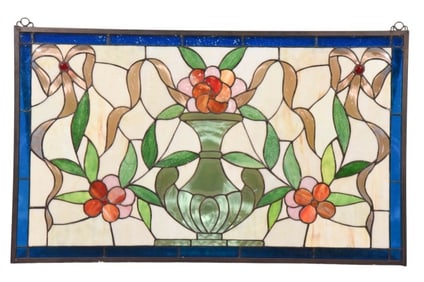 Stained Glass Hanging Panel Featuring Flowers Urn