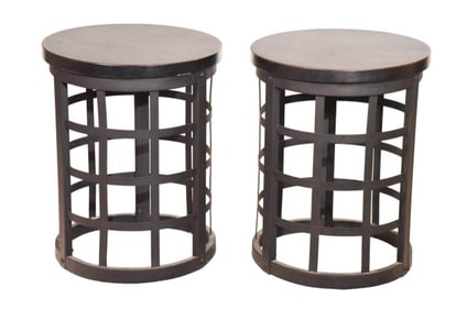 Pair Marimon Wrought Iron Basket Weave End Tables