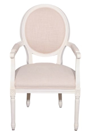 French Carved Upholstered Round Back Armchair: French Provincial Hand Carved Custom Upholstered Round Back Armchair.Measures 41 inches x 23 inches x 20 inches, seat height 19 inches.