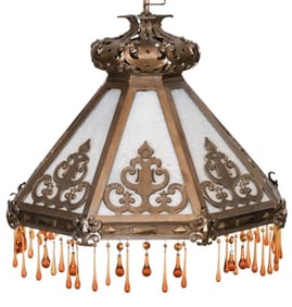 Majestic Art Deco Bronze & Slag Glass Chandelier