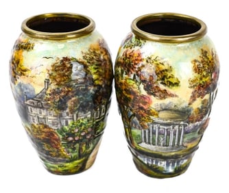 2 Gamet France Hand Painted Enamel on Copper Vases
