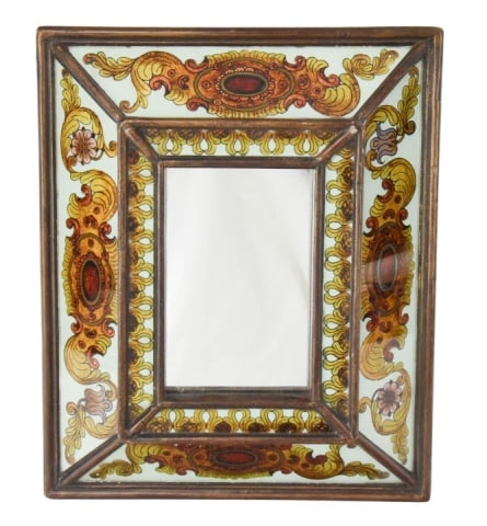 Reverse Painted Cushion Framed Mirror: Reverse Painted Cushion Framed Mirror. Measures 14 inches x 12 inches.