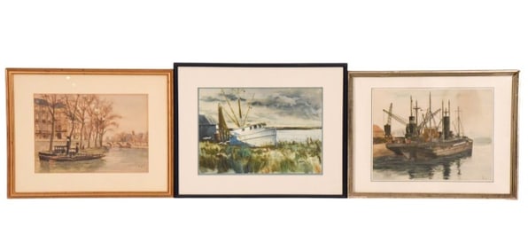 3 Signed Mid C Watercolor Paintings Boats Harbor