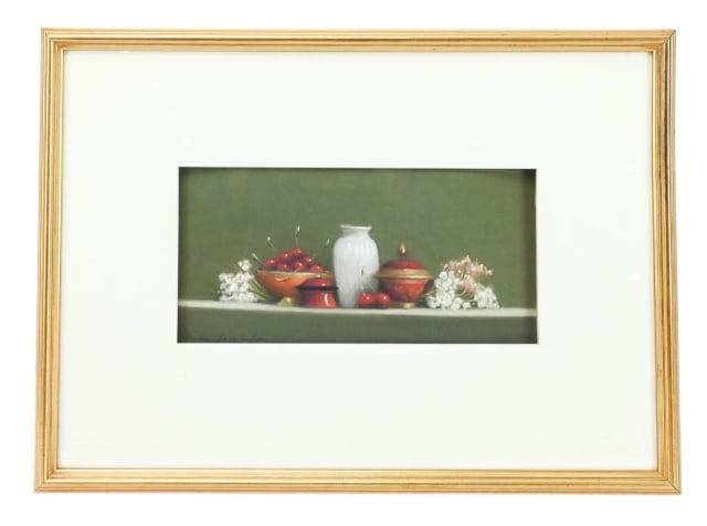 Pierre Jacquelin Signed Still Life Oil Painting: Pierre Jacquelin, French Born 1944, Signed Oil Painting on Paper Still Life Tabletop with Cherries and Porcelain. Measures 14 inches x 19 inches, art measures 6 inches x 11 inches.
