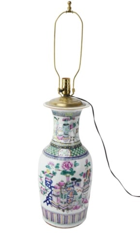 Chinese Famille Rose Porcelain Vase Form Lamp: Chinese Famille Rose Porcelain Vase Form Lamp. Measures 32 inches x 8 inches in diameter.