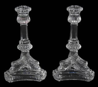 Pair Tiffany Crystal Dolphin Footed Candlesticks