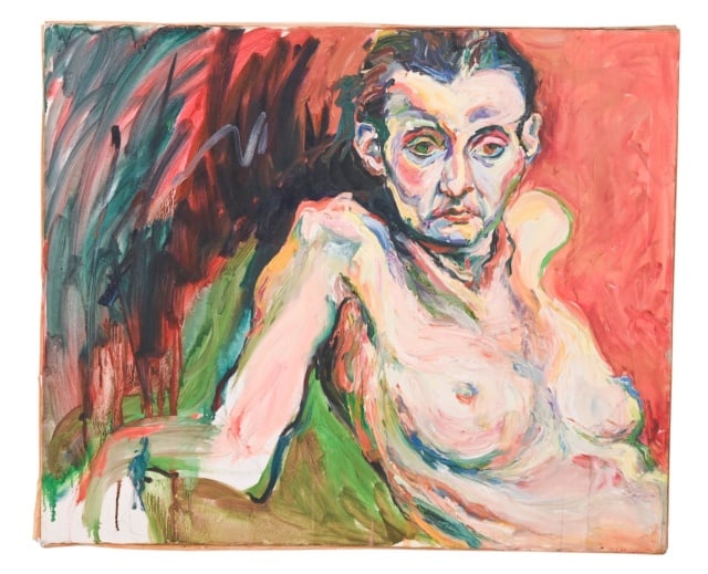 Elizabeth Silver Expressionist Acrylic Painting: Elizabeth Silver Expressionist Acrylic Painting of Seated Upper Body Nude Woman. Unframed measures 30 inches x 36 inches.