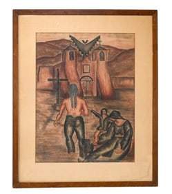 Harry Katz Signed Pastel Pueblo Church 1937