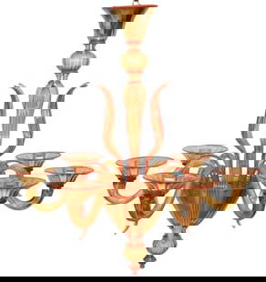 Signed Carissima Italian Murano Glass Chandelier: Signed Carissima Italian Murano Amber Glass 6 Light Chandelier.Measures 30 inches x 28 inches chandelier.