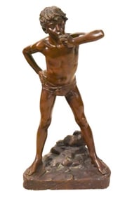 Edouard Drouot Boy Eating Oyster Bronze Sculpture