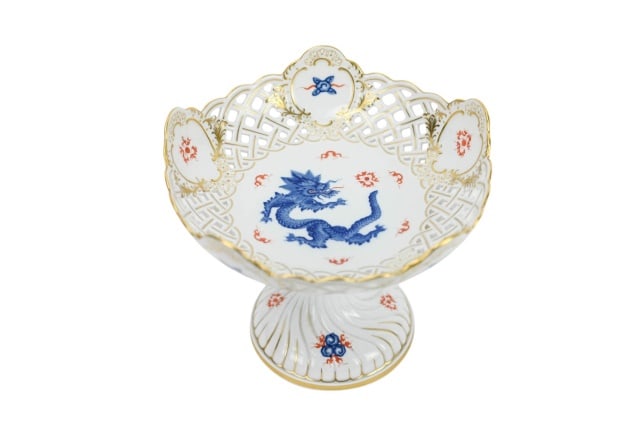 Antique Meissen Porcelain Stemmed Compote Dragon: Antique Meissen Porcelain Stemmed Compote with Hand Painted Blue Dragon Motif. Measures 7 inches x 8 inches in diameter.