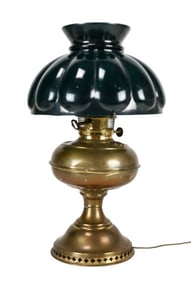 Converted Student Oil Lamp w Green Glass Shade