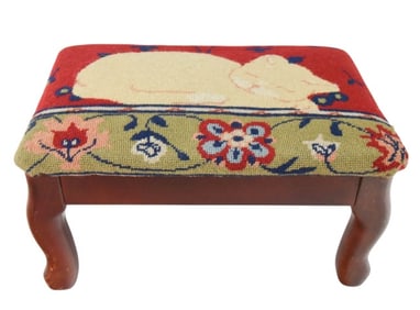 Antique Carved Footstool w Needlepoint Cat Motif
