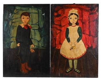 2 Spanish Folk Art Hand Painted Panels Boy & Girl