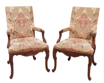Pair Hickory Carved Upholstered Armchairs
