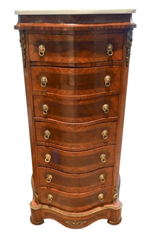 Louis XVI Style Marble Top Lingerie Chest: Louis XVI Marble Top Lingerie Chest of Drawers with Brass Ormolu Accents. Damage to front first and second drawer. Sold as is.Measures 58 inches x 30 inches x 18 inches.