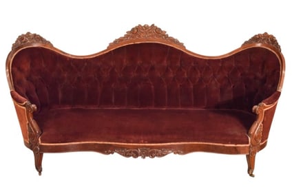 Antique Victorian Hand Carved Tufted Velvet Sofa