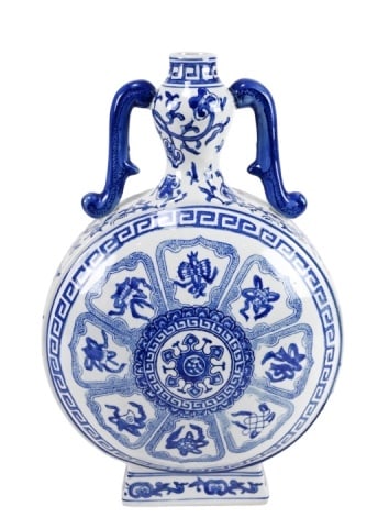 Chinese Hand Painted BW Porcelain Moon Flask: Chinese Hand Painted Blue and White Porcelain Moon Flask Vase. Measures 15 inches x 10 inches in diameter.