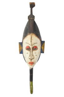 Ivory Coast Hand Carved & Painted Gouro Mask: Ivory Coast Hand Carved & Painted Gouro Mask. Measures 4 inches x 22 inches x 7 inches.