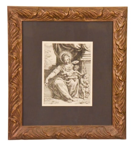 Girolamo Imperiale Antique Engraving Madonna Child: Girolamo Imperiale Antique Engraving Madonna and Christ Child Professionally Framed in Carved Frame. Framed measures 20 inches x 17 inches, art measures 10 inches x 7 inches.