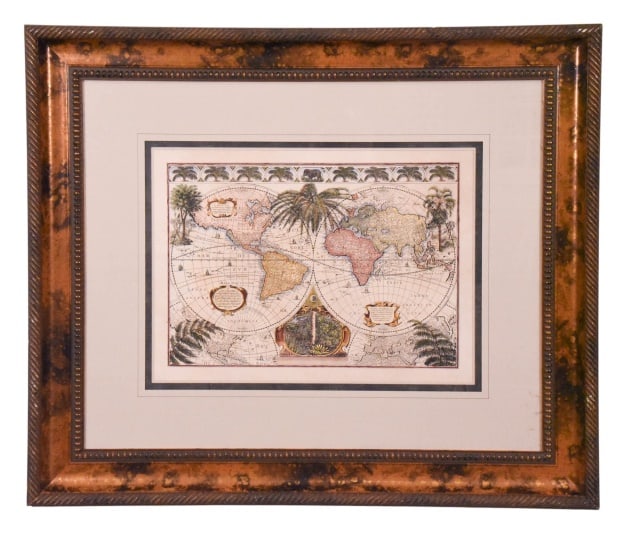 Serigraph Reproduction Map of World w Palm Motif (1 of 11)