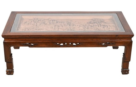 Oriental Style Hand Carved Glass Top Coffee Table