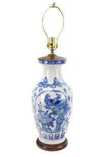 Chinese Blue and White Porcelain Table Lamp: Chinese Blue and White Porcelain Table Lamp.Measures 25 inches x 9 inches diameter.