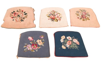 5 Antique Hand Made Needlepoint Seat Cushions