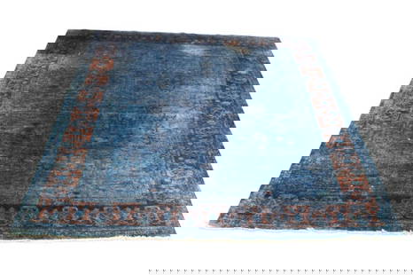Hand Woven Turkish Oushak Blue Area Carpet: Hand Woven Turkish Oushak Blue Area Carpet with Minor Faded Area. Sold as is. Measures 96 inches x 118 inches.